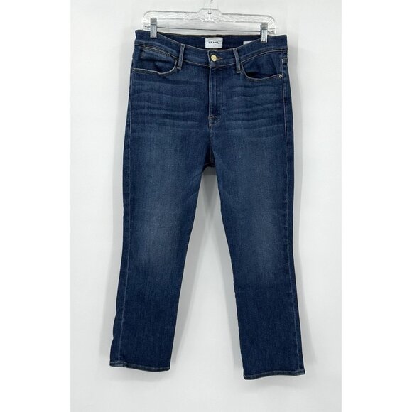 FRAME LE HIGH STRAIGHT JEANS stretch denim ankle high rise crop bestia blue 33 - Picture 2 of 8